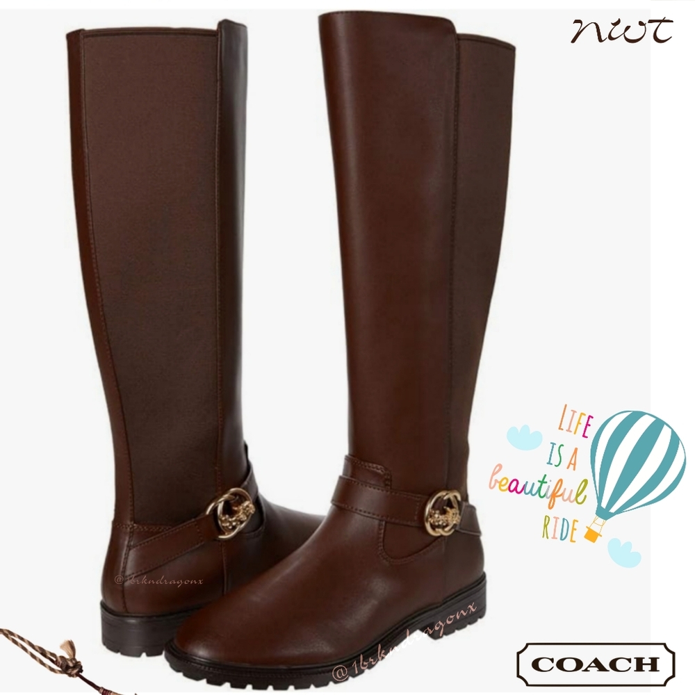 NWT Genuine Leather Risinf Boot Coach Brown Luggage Gold Embellished Boots - Picture 4 of 7